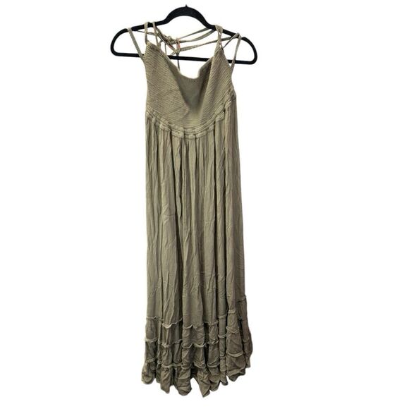Free People Smocked Maxi Dress XL Olive Khaki Boho Gauze Summer Beach Vacation - Picture 6 of 12